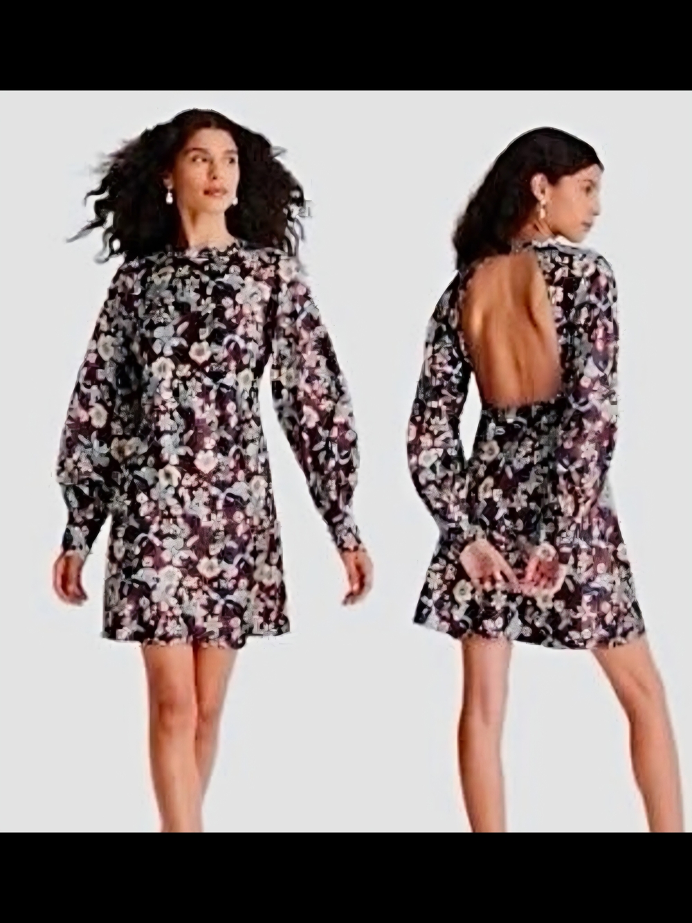 Target Brown Floral Backless Long-Sleeve Mini Dress